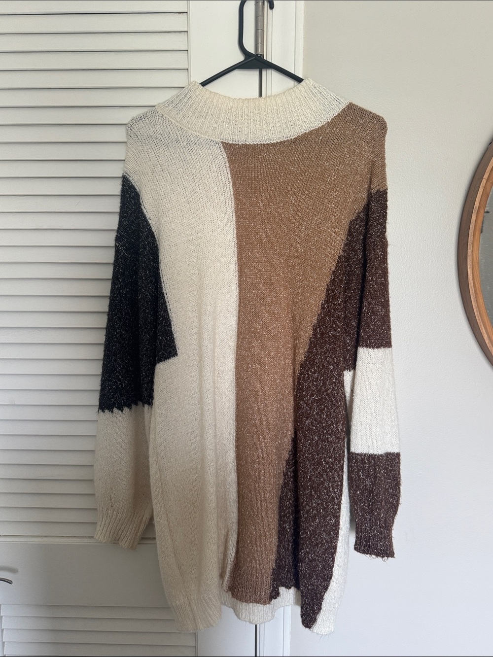 Colorblock Crewneck Sweater Dress in Cream, Brown, and Black